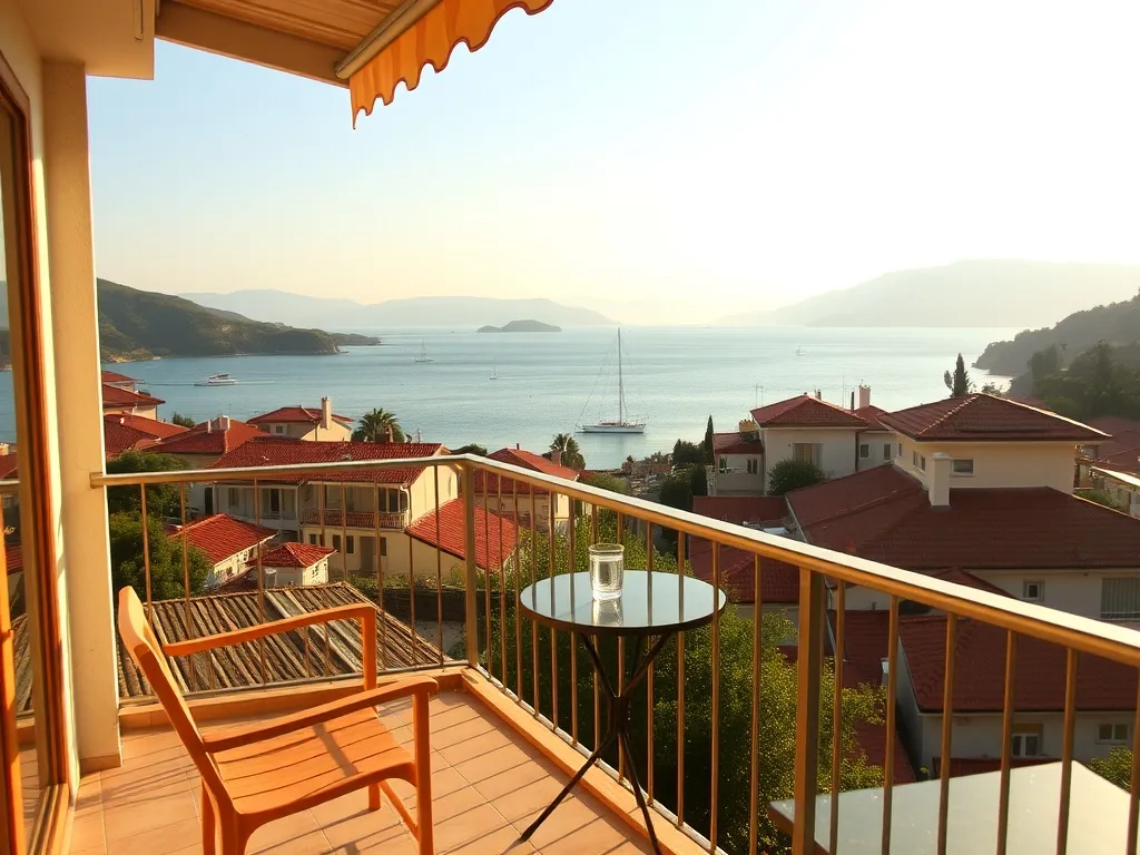 Balkon małego hotelu w Fethiye z widokiem na czerwone dachy, morze i zielone wzgórza, idealny na spokojny wypoczynek.