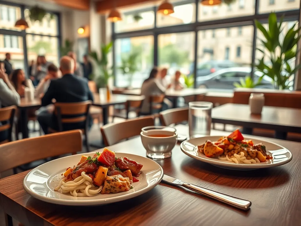 Przytulne wnętrze rzeszowskiej restauracji z obiadem na stole, zachęcające do spokojnego posiłku w miłej atmosferze.