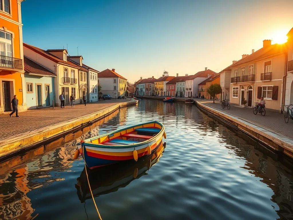 Kolorowa łódź moliceiro na kanale w Aveiro o złotej godzinie, pastelowe kamienice i spokojna, wakacyjna atmosfera.