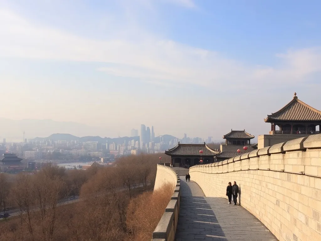 Mur obronny Xi’an z tradycyjnymi latarniami na tle nowoczesnej panoramy miasta i gór w lekkiej mgle