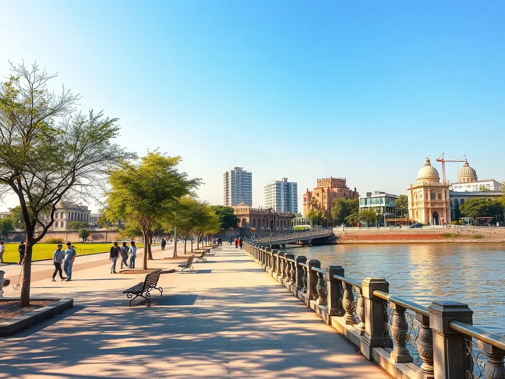 Spacerowa promenada nad rzeką Sabarmati w Ahmedabadzie z widokiem na nowoczesne i historyczne zabudowania miasta.