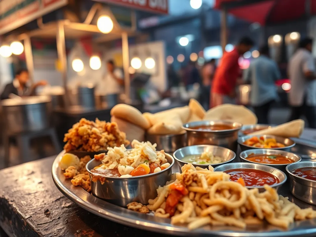 Tradycyjne thali z ulicznymi przysmakami Mumbaju: vada pav, pav bhaji, bhel i pani puri w ciepłym świetle wieczoru
