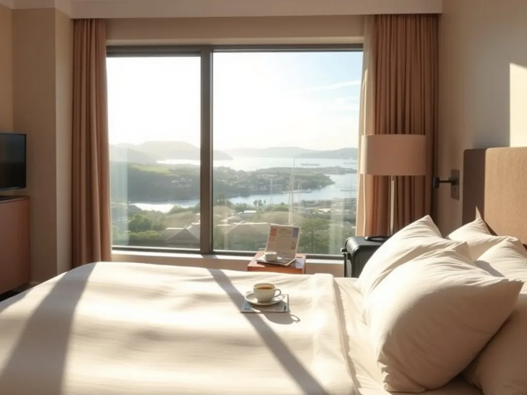 Przytulny, nowoczesny pokój hotelowy w Hobart z widokiem na port i wzgórza, idealny przykład noclegu w Tasmanii.
