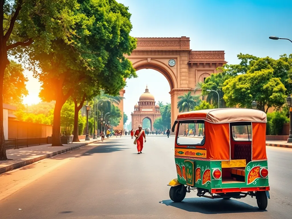 Kolorowy tuk-tuk na ulicy Delhi prowadzącej do historycznego łuku i pomnika, w ciepłym, słonecznym, podróżniczym klimacie