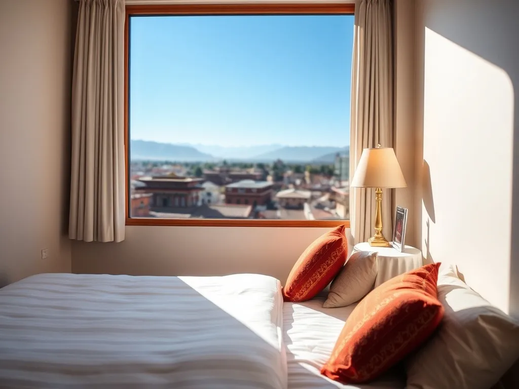 Przytulny pokój hotelowy w stylu tybetańskim w Lhasie z widokiem na dachy miasta i góry, idealny na nocleg w podróży.