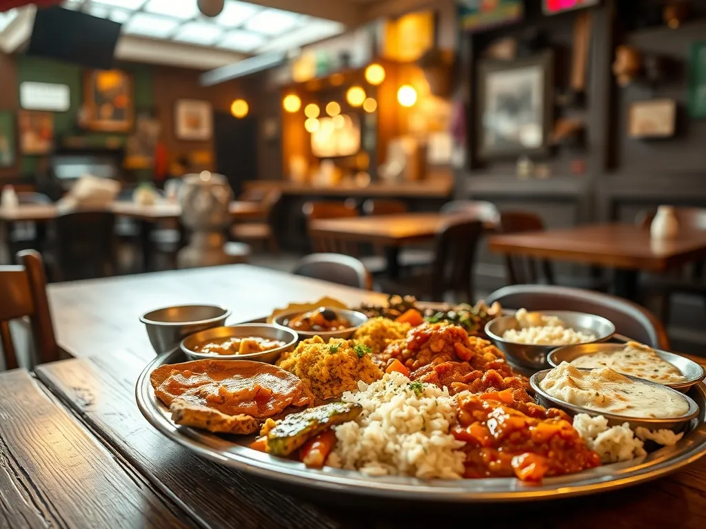 Kolorowe indyjskie thali w Agra z curry, ryżem, naan i chutney, podane w przytulnej ulicznej jadłodajni.