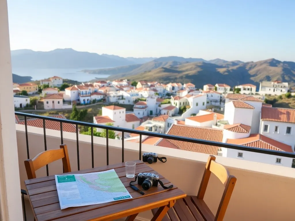 Balkon pensjonatu w Sparcie z mapą Grecji i aparatem na stole, z widokiem na miasteczko i otaczające je wzgórza.