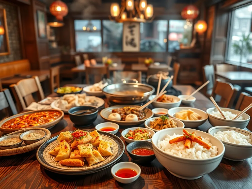 Stół w syczuańskiej restauracji w Chengdu zastawiony ostrym hotpotem, mapo tofu, pierożkami i kolorowymi przystawkami.