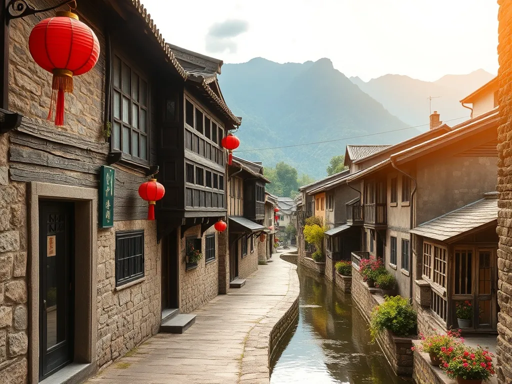 Malownicza uliczka Lijiang z kanałem, tradycyjnymi domami Naxi i czerwonymi lampionami na tle zielonych gór