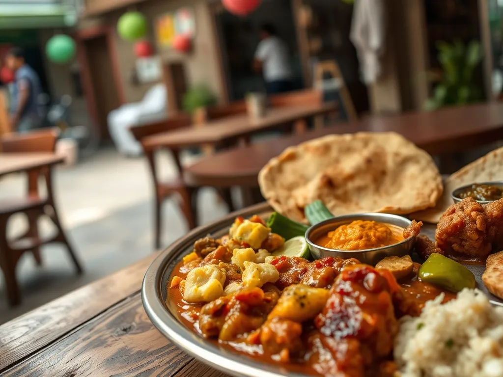 Tradycyjny gudżaracki thali z Ahmedabadu: kolorowe curry, dhokla, farsan, pikle i świeże rotis w lokalnej knajpce.