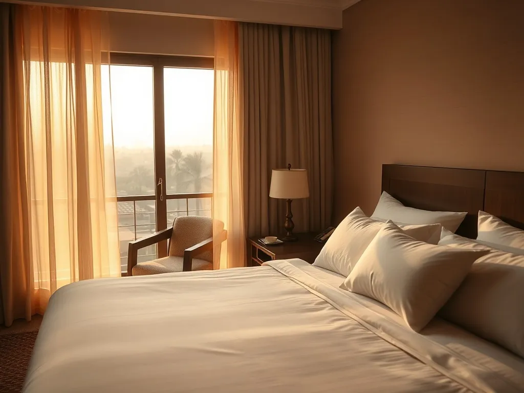 Przytulny pokój hotelowy w Ahmedabad o zachodzie słońca, z białą pościelą i dużym oknem z widokiem na miasto i palmy.