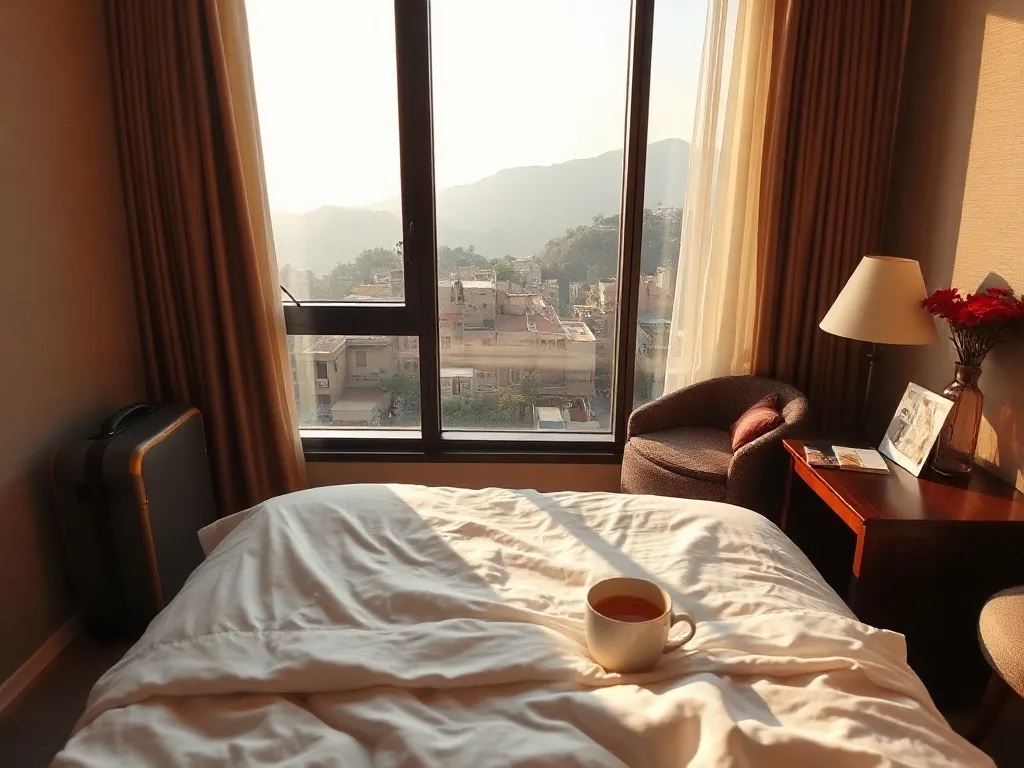 Przytulny pokój hotelowy w Pune z walizką, herbatą i przewodnikiem, widok z łóżka na miasto i wzgórza w tle.