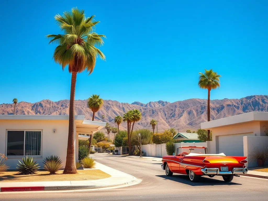 Słoneczna ulica Palm Springs z modernistycznym domem, palmami i zabytkowym kabrioletem na tle gór, wakacyjny klimat.