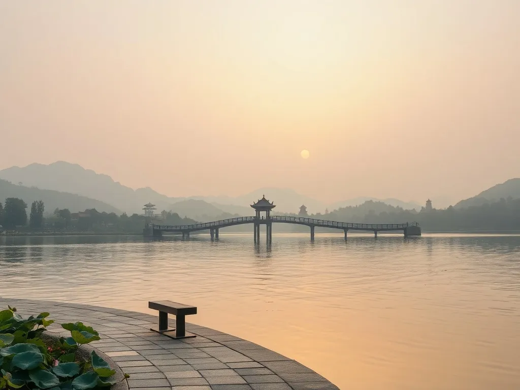 Jezioro Zachodnie o świcie z mostkiem, pawilonem i pagodami w mglistych wzgórzach, spokojna, malownicza sceneria Hangzhou