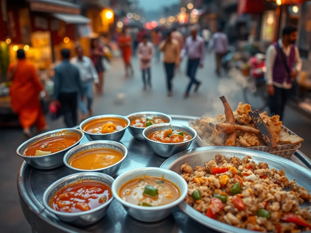Kolorowe uliczne dania w Waranasi: miseczki curry, chutney, smażone przekąski i gorący, pikantny chaat na metalowym stoliku.
