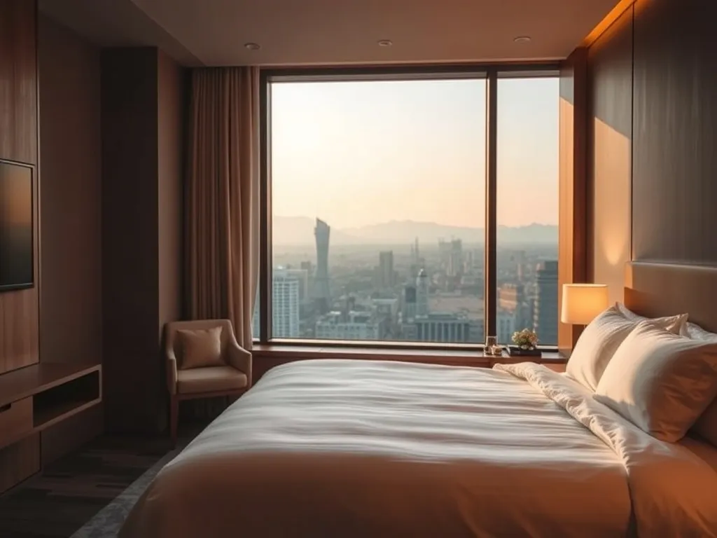Przytulny, nowoczesny pokój hotelowy w Chengdu z dużym łóżkiem i widokiem na miasto, idealny na nocleg w podróży