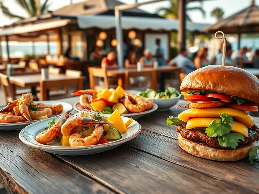 Kolorowe dania australijskie na drewnianym stole w nadmorskiej restauracji w Townsville, z owocami morza i lokalnym burgerem.