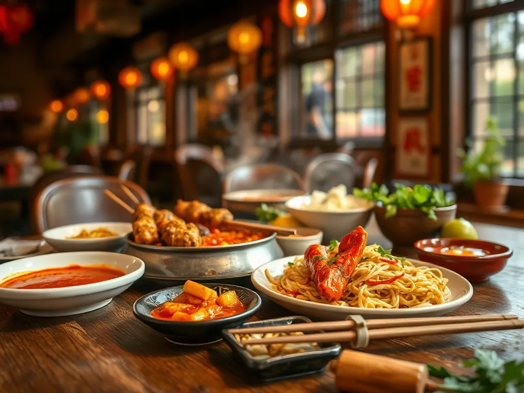 Kolorowe dania kuchni Chongqing na drewnianym stole: pikantny hotpot, makaron w chili, szaszłyki i przystawki w przytulnej knajpie.