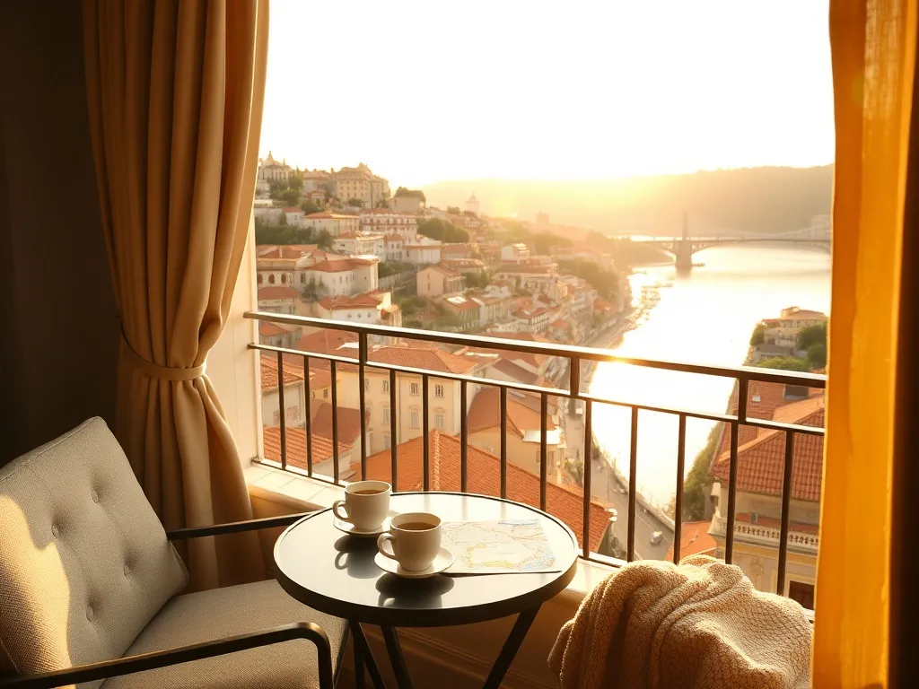 Przytulny balkon hotelowy w Porto z widokiem na kolorowe kamienice i rzekę Douro, idealny na nocleg i zwiedzanie miasta