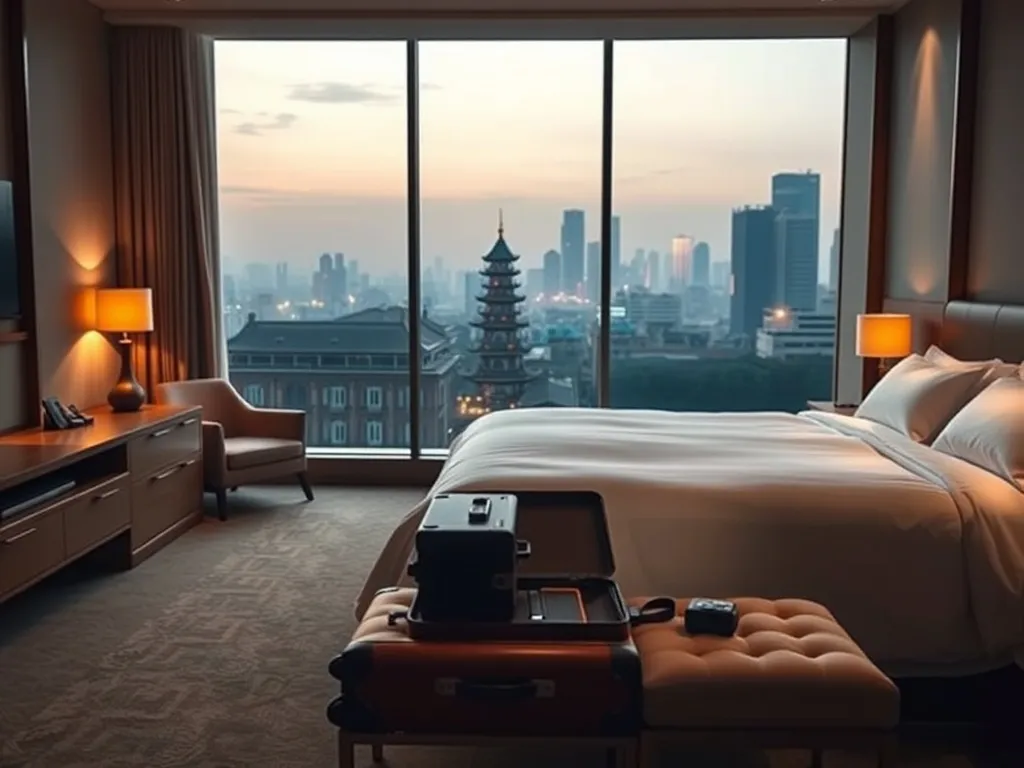 Przytulny, nowoczesny pokój hotelowy w Xi’an z dużym łóżkiem i widokiem na wieczorną panoramę miasta z pagodami