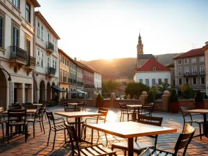 Przytulny, tani pokój hotelowy w Mumbaju o zachodzie słońca, z łóżkiem, herbatą na stoliku i widokiem na miasto z palmami.