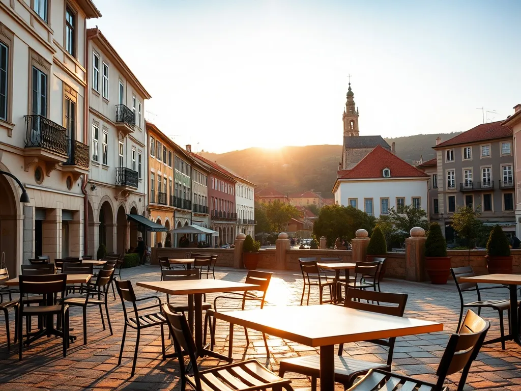 Kawiarniany plac w Bradze o zachodzie słońca, pastelowe kamienice, kościół i zielone wzgórza tworzą spokojną, wakacyjną scenę.