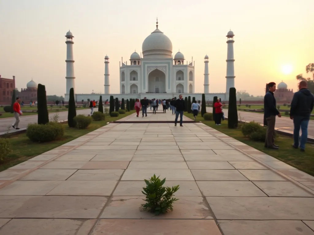 Taj Mahal o wschodzie słońca w ciepłym świetle, widok z tarasu z roślinami, spokojna atmosfera zwiedzania Agry