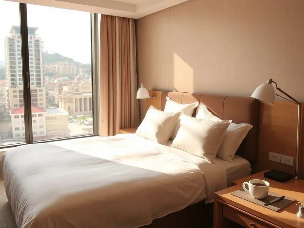 Przytulny, nowoczesny pokój hotelowy w Ankarze z podwójnym łóżkiem i widokiem na miasto, idealny na komfortowy nocleg.