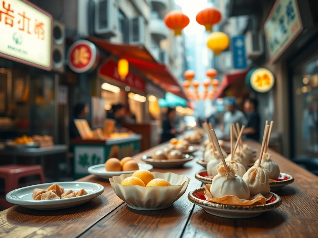 Różnorodne dim sum, tarty jajeczne i szaszłyki z klopsikami rybnymi na straganie w tętniącej życiem ulicy Hongkongu