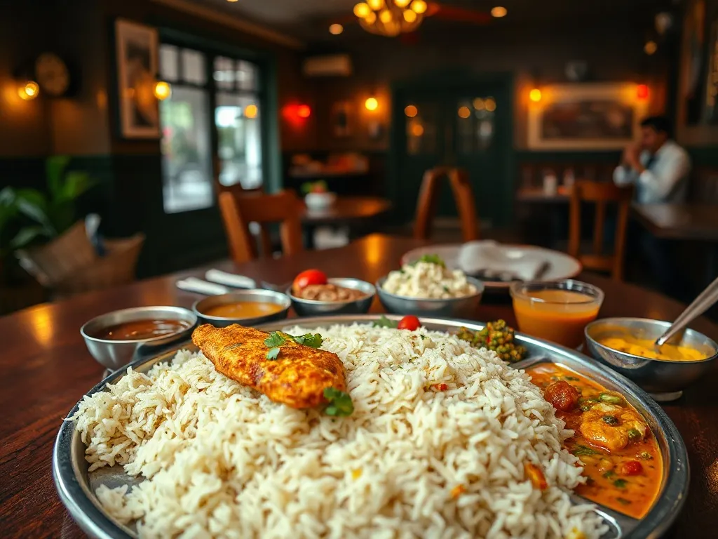 Tradycyjny bengalski thali z ryżem, rybą, dalem i dodatkami, serwowany w przytulnej knajpce w Kalkucie