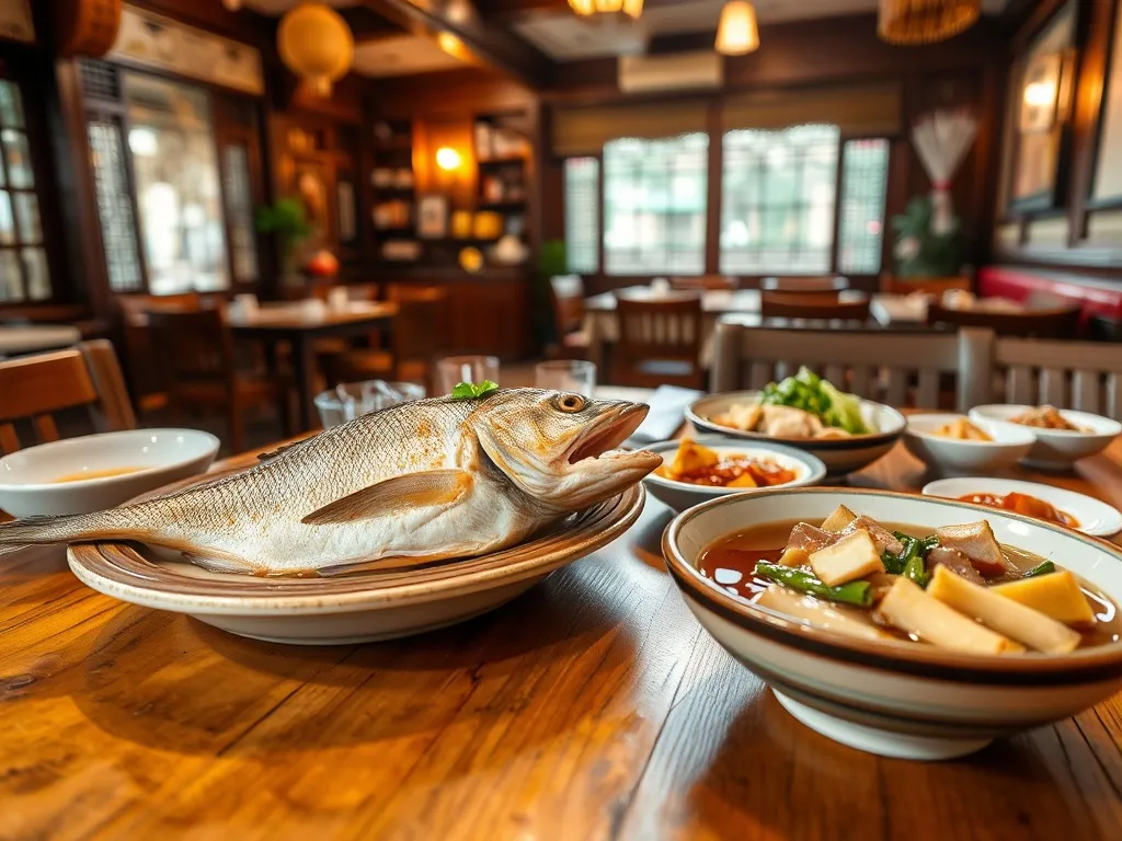 Tradycyjne dania kuchni Hangzhou na drewnianym stole w przytulnej restauracji, zachęcające do spróbowania lokalnych smaków.