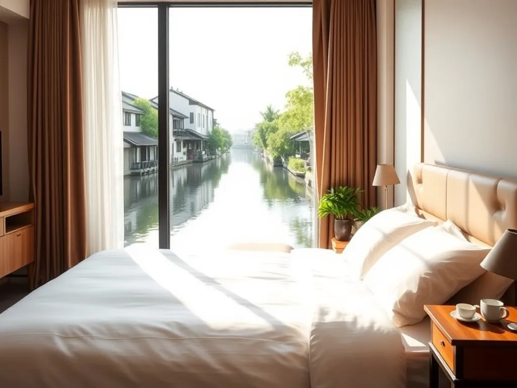 Przytulny, nowoczesny pokój hotelowy z widokiem na spokojny kanał w Suzhou i tradycyjne chińskie domy nad wodą.