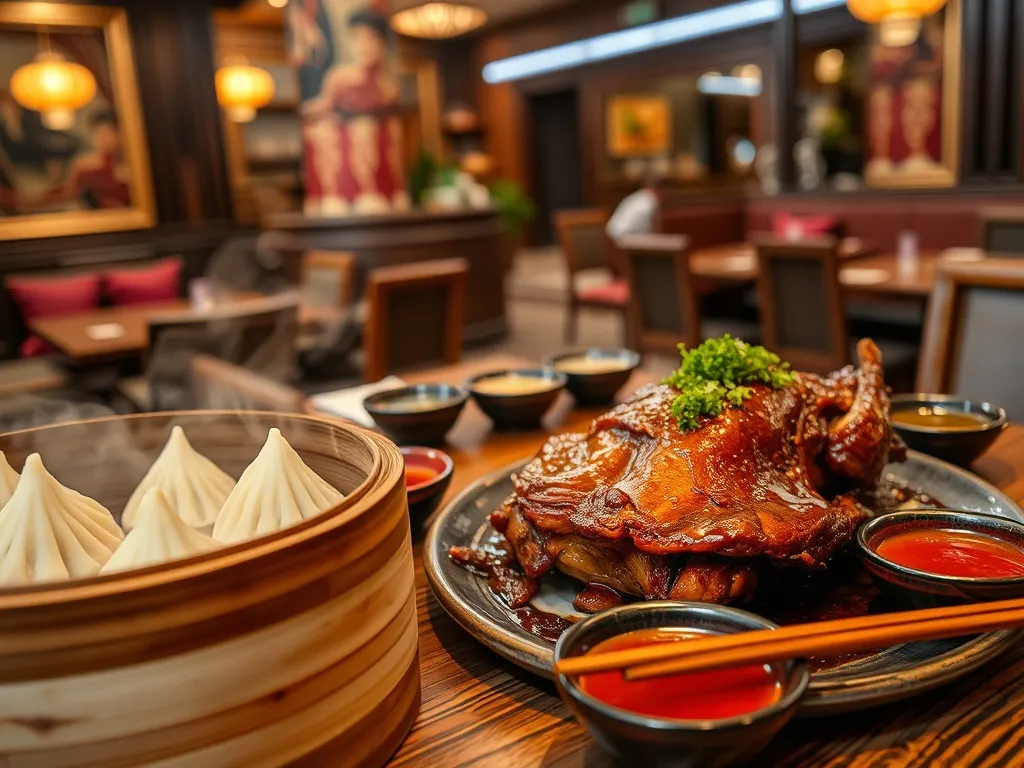 Tradycyjny stół w Pekinie z kaczką po pekińsku, pierożkami dim sum i kolorowymi dodatkami w przytulnej chińskiej restauracji