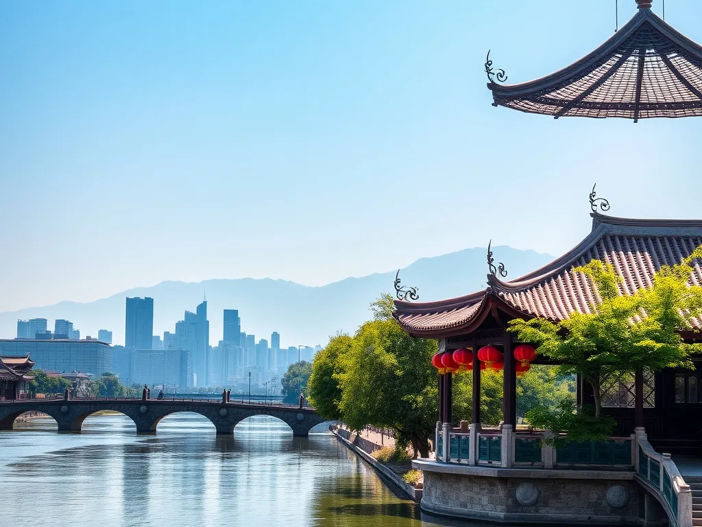 Tradycyjny pawilon nad rzeką w Chengdu na tle nowoczesnych wieżowców i gór, ukazujący kontrast starego i nowego miasta