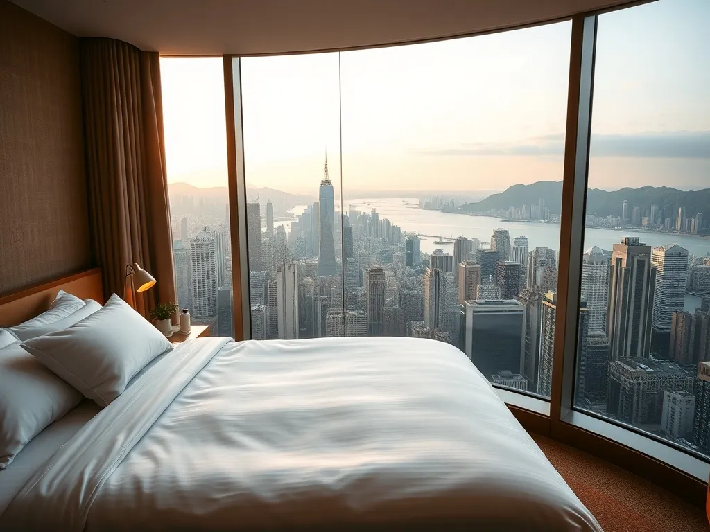 Przytulny pokój hotelowy z widokiem z łóżka na panoramę Hongkongu, port Victoria i otaczające wzgórza o złotej godzinie