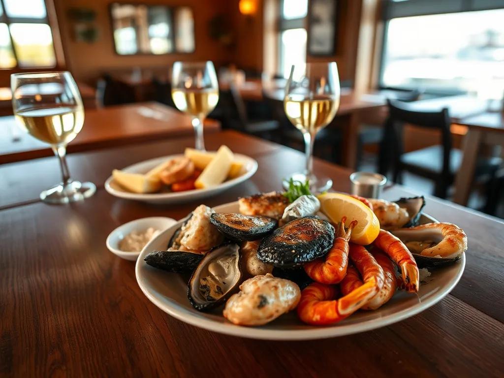 Talerz świeżych tasmańskich owoców morza z winem w przytulnej restauracji w Hobart, z widokiem na port w tle.
