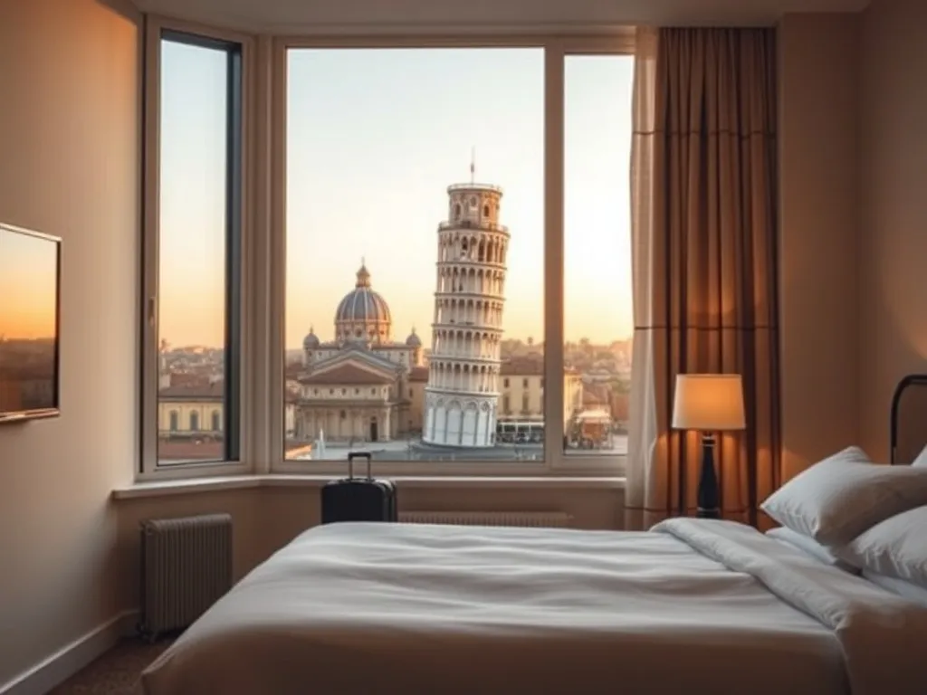 Przytulny pokój hotelowy z widokiem na Krzywą Wieżę w Pizie o zachodzie słońca, idealny nocleg w centrum miasta.