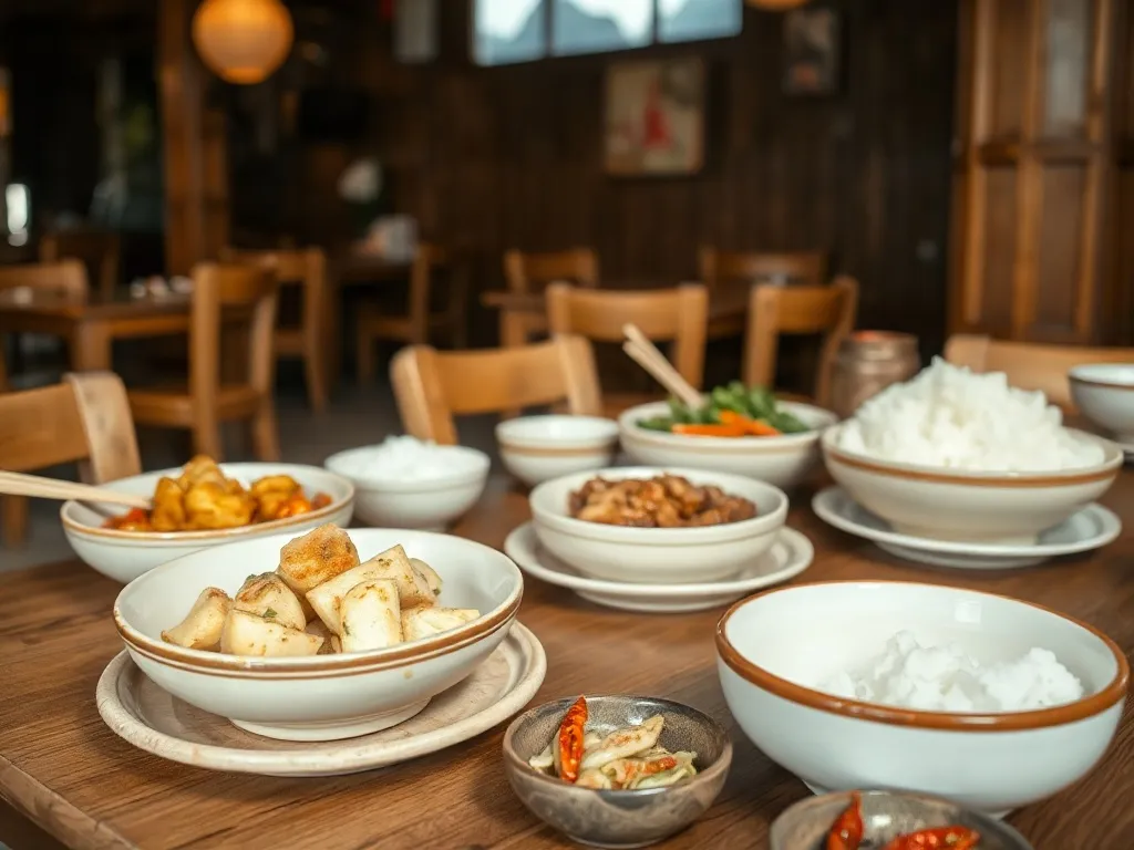 Tradycyjne hunanskie dania w ceramicznych miseczkach na drewnianym stole w przytulnej restauracji w Zhangjiajie