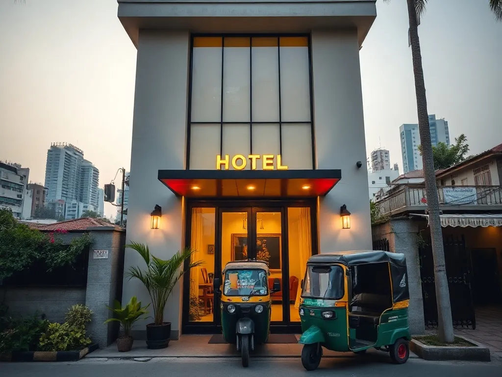 Przytulny, nowoczesny hotel w Bengaluru o zmierzchu, z tuk-tukiem przed wejściem, w spokojnej, zadbanej uliczce.