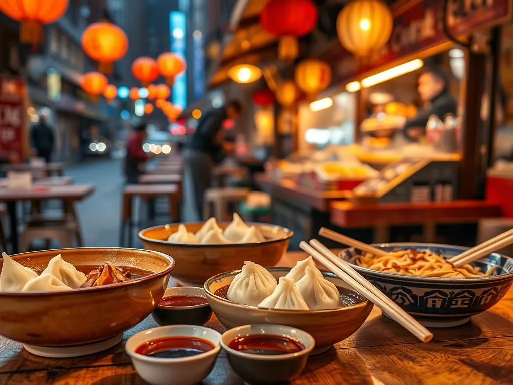 Parujący stół z xiaolongbao, duszoną wieprzowiną i smażonym makaronem w przytulnym szanghajskim ulicznym bistro.