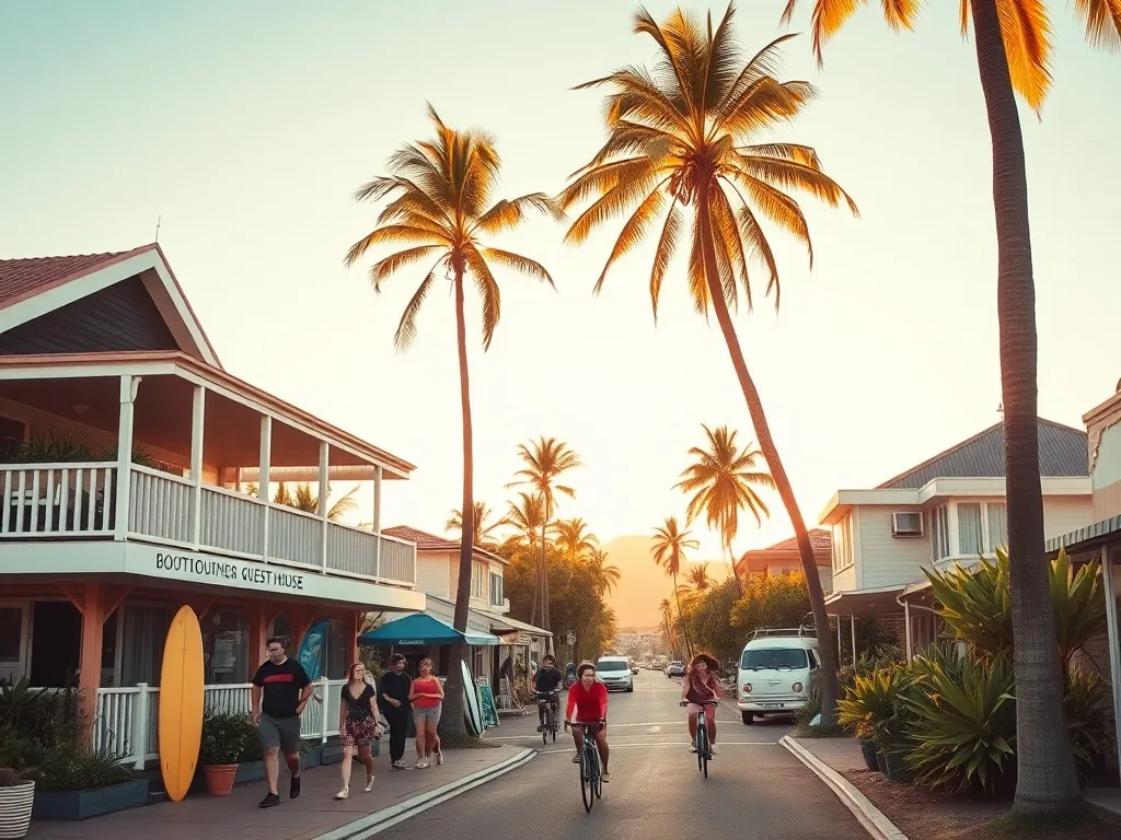 Urokliwa ulica w Byron Bay z butikowym pensjonatem, palmami i deskami surfingowymi, tworząca relaksującą, wakacyjną atmosferę