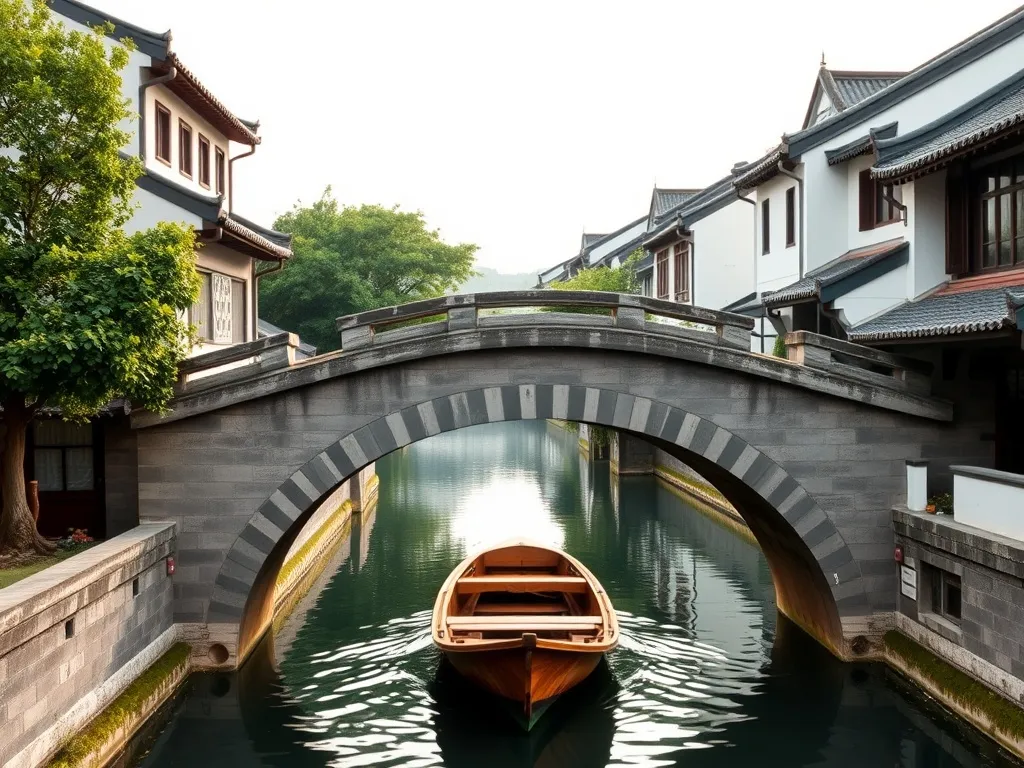 Kamienny most nad kanałem w Suzhou, łódź na wodzie, odbicia białych domów i spokojna, tradycyjna atmosfera wodnego miasta.
