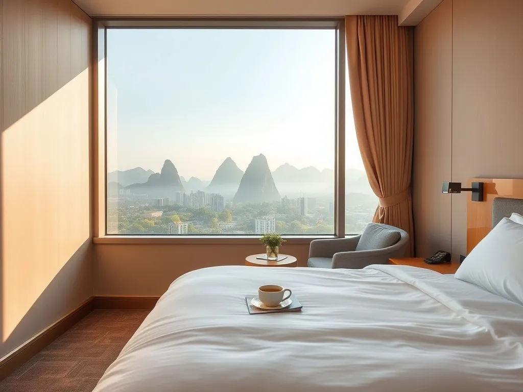 Przytulny pokój hotelowy w Guilin z widokiem na krasowe góry, łóżko, herbata i mapa podkreślają klimat podróży.
