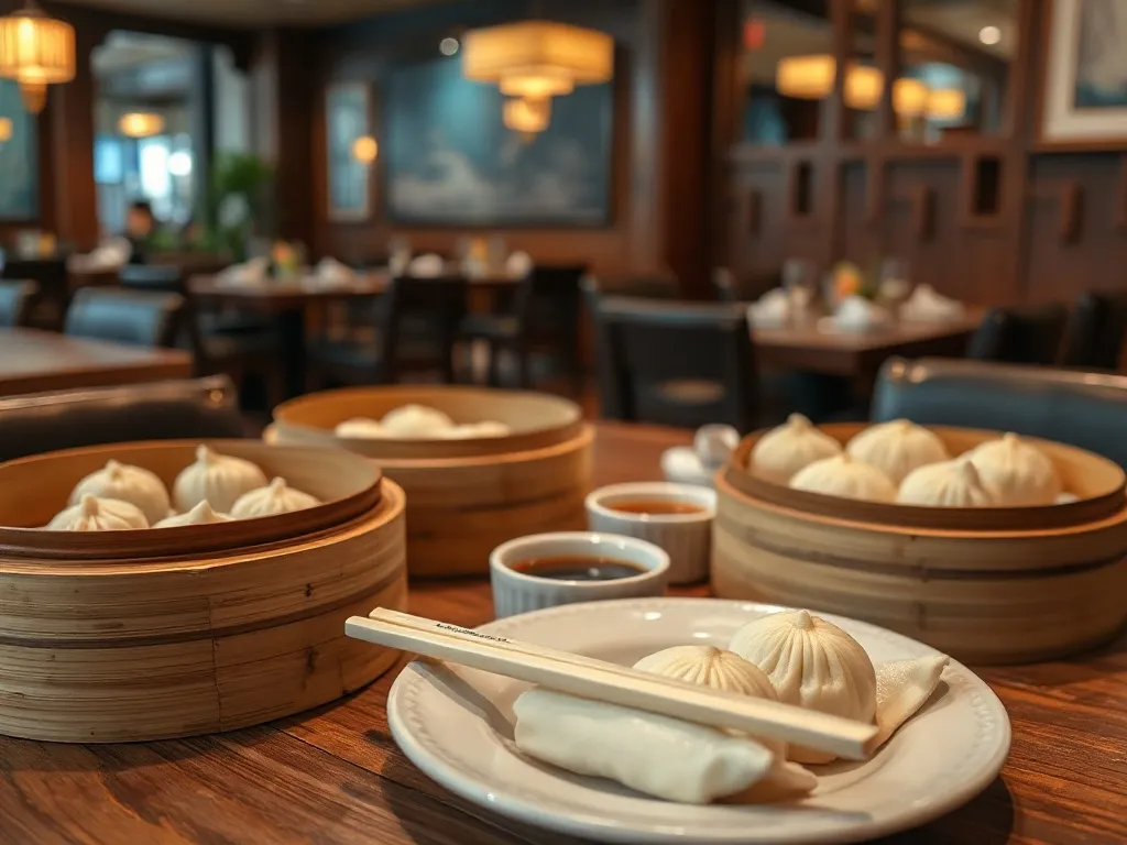 Stół z tradycyjnym kantońskim dim sum: pierożki, bułeczki, rolki ryżowe i sosy w przytulnej restauracji w Kantonie