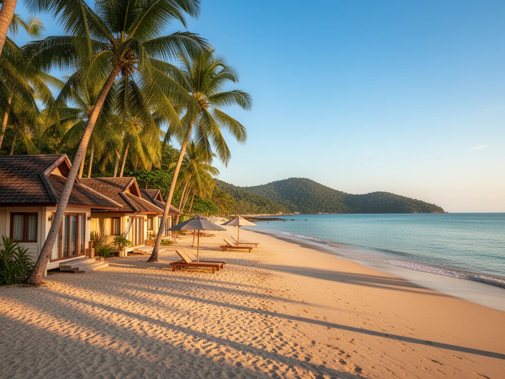 Złota plaża w Phuket o zachodzie słońca, bungalowy przy brzegu, palmy i leżaki nad spokojnym turkusowym morzem.