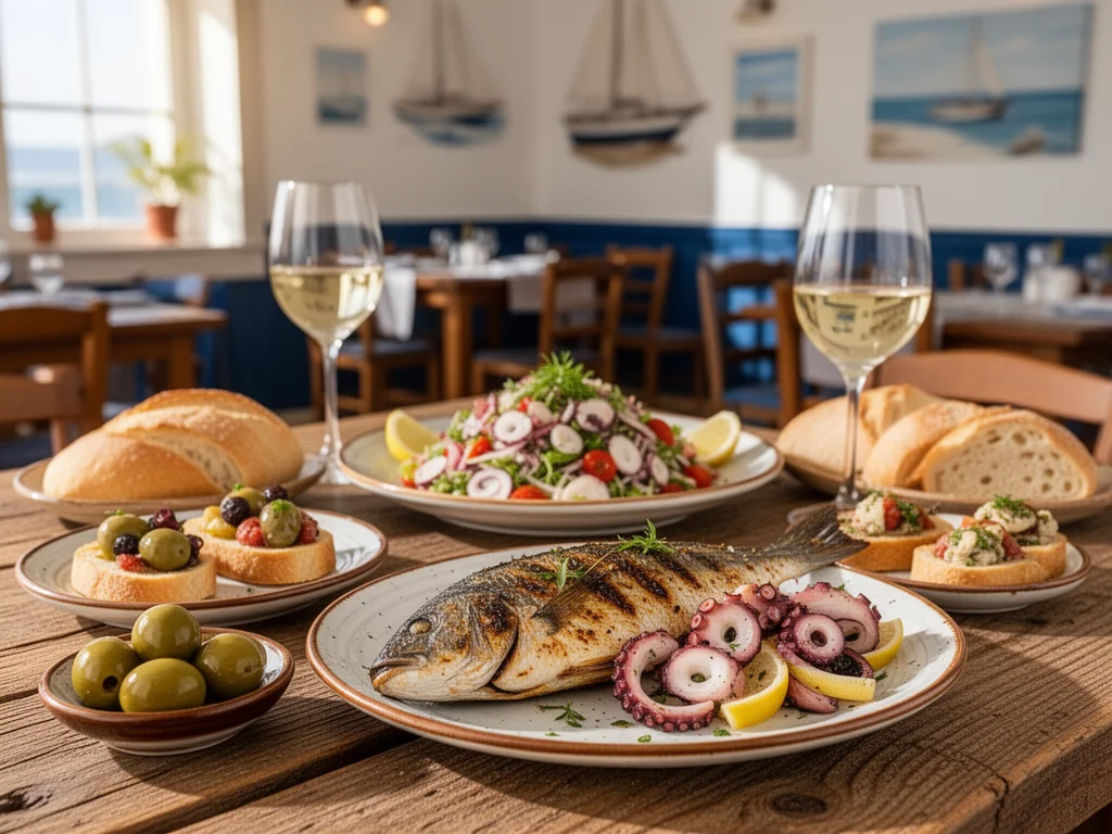Tradycyjne portugalskie dania z owoców morza w Viana do Castelo na drewnianym stole, w przytulnej nadmorskiej restauracji.