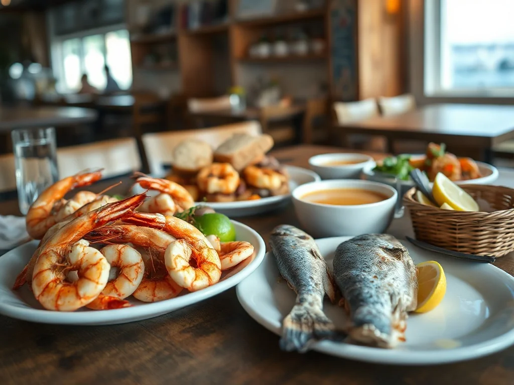 Rustykalny stół zastawiony świeżymi owocami morza, zupą chowder i pieczywem w przytulnej, nadmorskiej restauracji w St. Augustine.