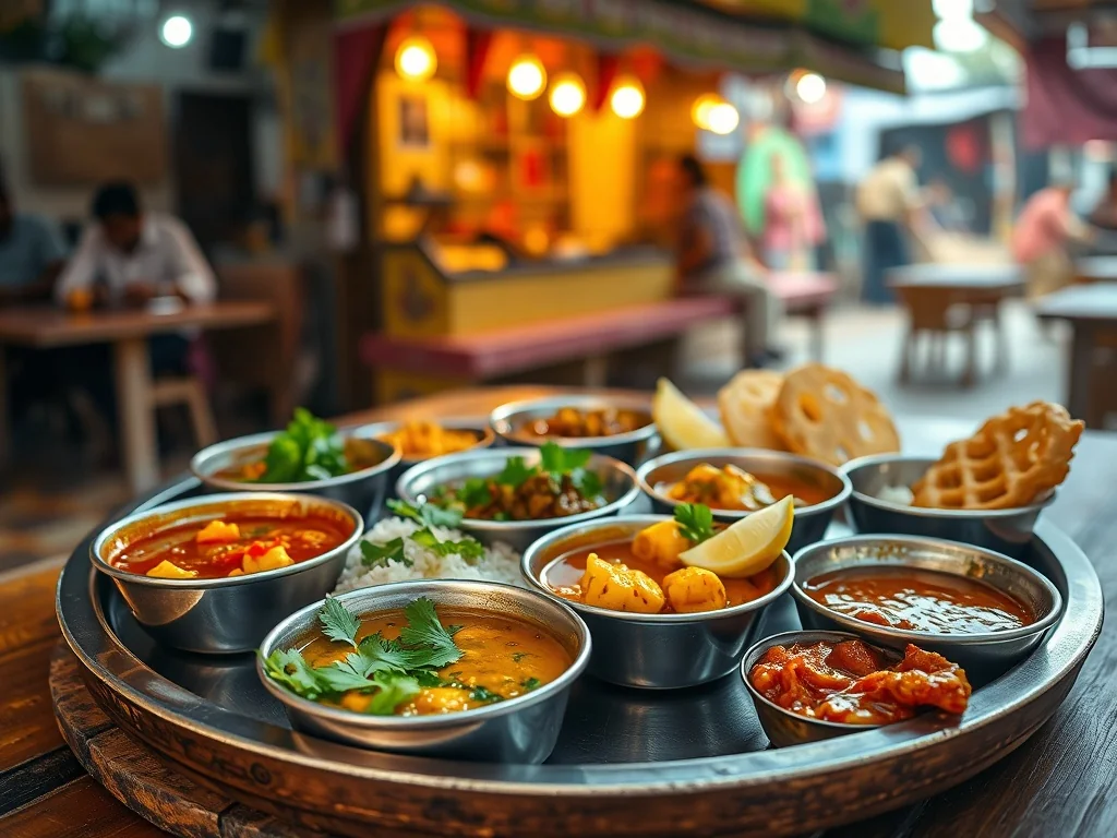 Tradycyjna thali z potrawami w stylu Bhopal: kolorowe curry, chutneye, poha i jalebi na rustykalnym stole street food.