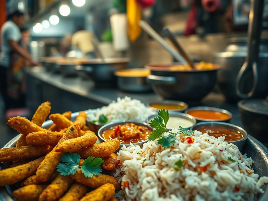 Tradycyjne uliczne jedzenie z Patny na metalowym talerzu: smażone przekąski, curry, ryż i chutney w tętniącym życiem straganie