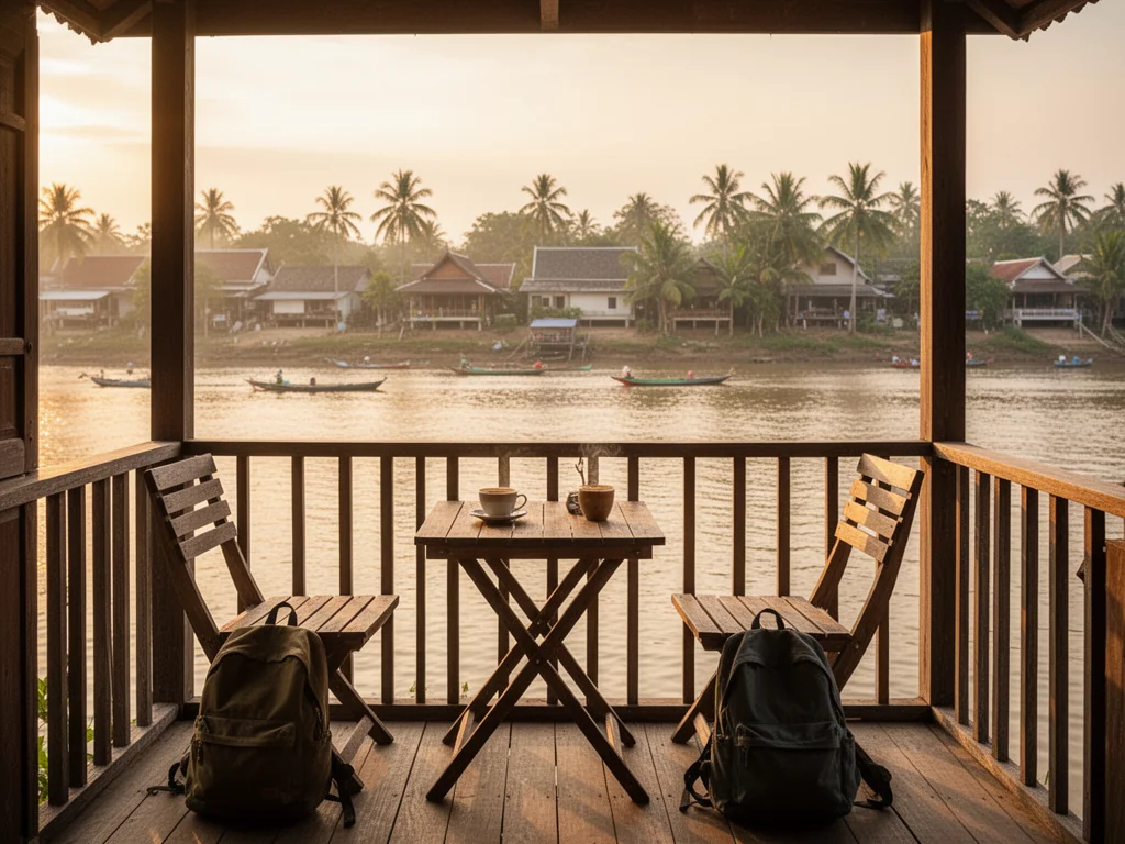 Przytulny balkon nad rzeką w Surat Thani o złotej godzinie, z kawą i plecakiem, zachęcający do spokojnego noclegu i relaksu.